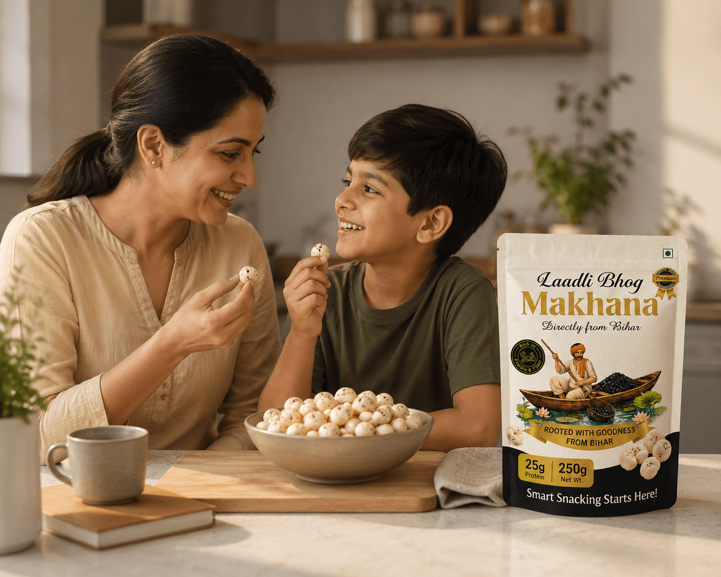 Mother and son enjoying LaadliBhog Makhana